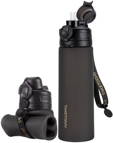 TakeToday Collapsible Water Bottles 21oz (600mL), Foldable Platinum Silicone Travel Water Bottle with Straw &…