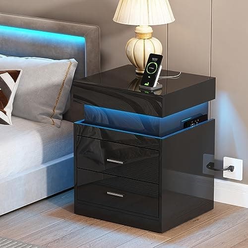 ChooChoo LED Nightstand with Charging Station,Smart Night Stand with Sliding Top Storage, 2-Drawers High Gloss Bedside Table…