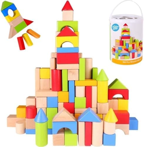 Pidoko Kids Building Blocks for Toddlers 1-3, 100 Pcs Wooden Blocks - Includes Storage Bucket and Shape…