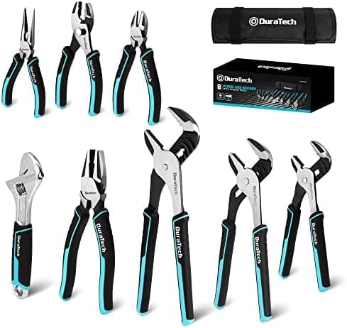DURATECH 8-Piece Pliers Set with Rolling Pouch, Premium Cr-V/Cr-Ni Construction, (12", 10", 8" Groove Joint Pliers, 8" Adjustable…