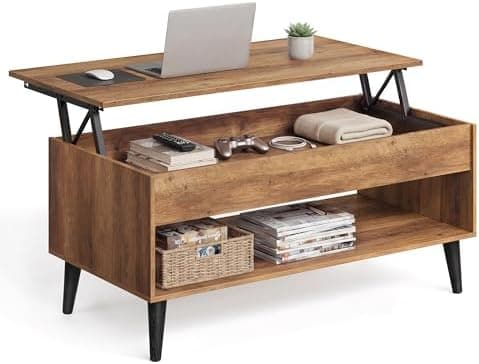VASAGLE Lift Top Coffee Table, Lift Tabletop Dining Table, Gas Spring, Hidden Compartment, Open Storage…