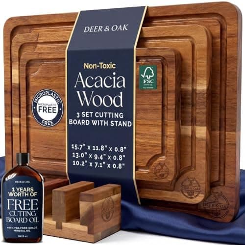 Pre-Oiled, Non Toxic 3-Piece Acacia Cutting Board Set with Stand, FSC Certified Wooden Chopping Boards…