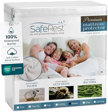 SafeRest Waterproof Queen Size Mattress Protector - Fitted with Stretchable Pockets - Machine Washable Cotton…