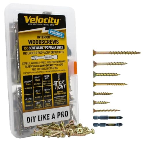 Velocity Interior Wood Screws Assortment Kit in 7 Sizes, Stick Tight Technology, Zinc Plated Carbon Steel…