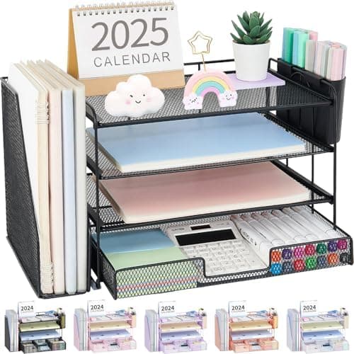OPNICE Desk Organizer, 4-Tier Desktop File Organizer with Drawer and 2 Pen Holders, Office Desk Accessories…