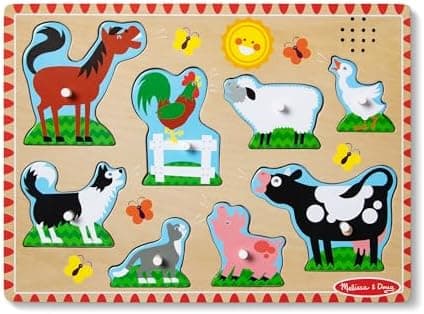 Melissa & Doug Farm Animals Sound Puzzle – 8-Piece Wooden Peg Puzzle with Light-Activated Sounds, Music…