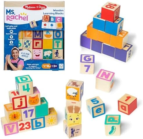 Melissa & Doug Ms. Rachel Letter, Number, and Game Wooden Learning Blocks with Activity Cards for Girls and…