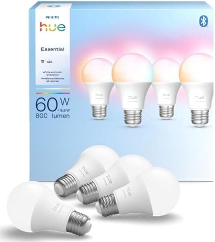 Philips Hue Essential Smart LED A19 Bulb, White and Color Ambiance, E26 Base, 8.8W, 2200K-6500K, 800 Lumens…