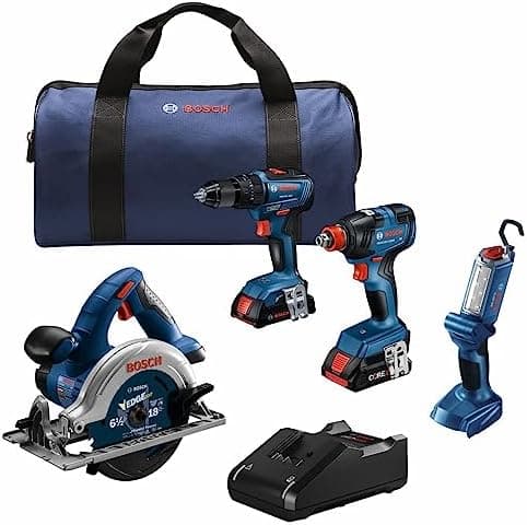 BOSCH GXL18V-497B23 18V Power Tool Combo Kit - 4 Tool Cordless Set with 1/2 In. Hammer Drill/Driver, Two-in-One Impact…