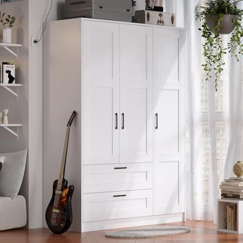 Fenghua Lizhi 3 Doors Wooden Wardrobe Closet Armoire, White Storage Cabinet for Hanging Clothes, Bedroom…