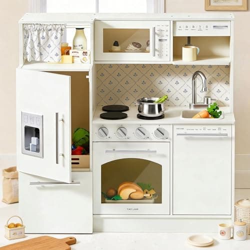 Tiny Land Play Kitchen for Kids, Upgraded Wooden Kitchen Toy with Complete Play Areas, Pretend Cooking Set…