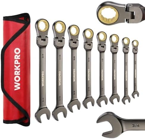 WORKPRO 8-piece Flex-Head Ratcheting Combination Wrench Set, SAE 5/16-3/4 in, 72-Teeth, CR-V Constructed, Nickel Plating with…