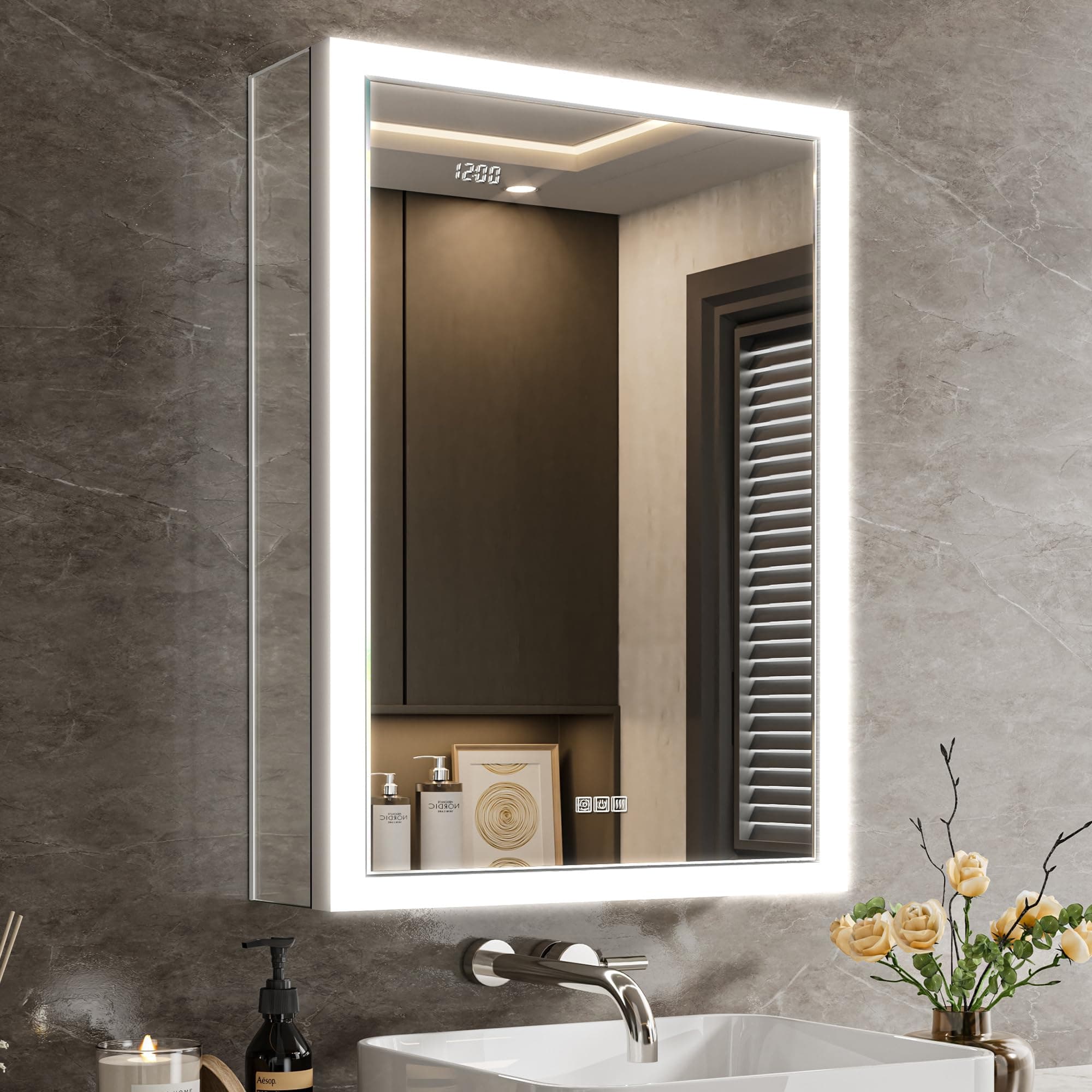 Lighted Medicine Cabinet with Mirror & Clock -20x26 Surface or Recessed Aluminum Medicine Cabinet with…