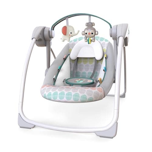 Bright Starts Portable Automatic 6-Speed Baby Swing with Adaptable Speed, Taggies, Music, Removable-Toy-Bar…