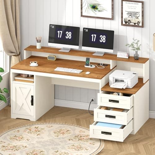 TVU Farmhouse Computer Desk with Drawers, 65'' Home Office Desk with Power Outlets, Storage Cabinet and…