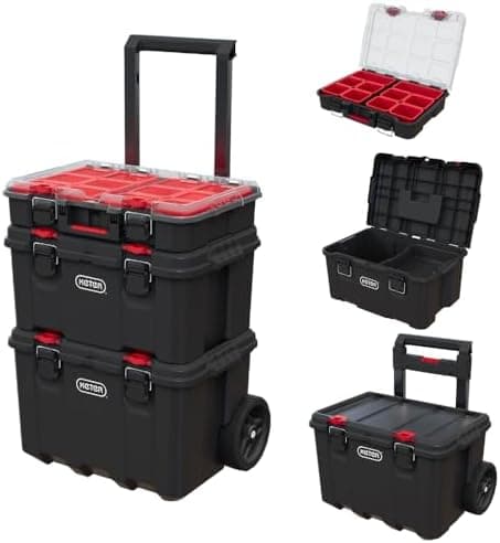 Keter Stack-n-Roll Modular Tools Organizer for Garage Storage and DIY, 3 Piece Resin Rolling Tool Box System for Small Parts…
