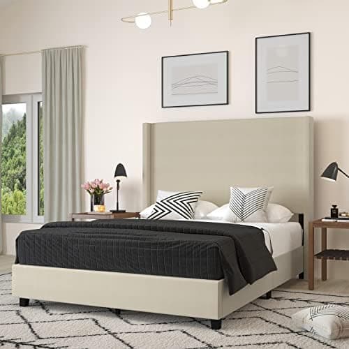 Merrick Lane Bramlett Modern Platform Bed - Beige Faux Linen - Queen - Padded Wingback Headboard - 3" Floor…