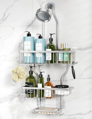 YASONIC Never-Rust Aluminum Hanging Shower Caddy – Over-the-Showerhead Organizer with 10 Hooks for Razor and…