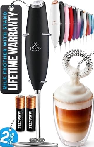 Zulay Kitchen Powerful Milk Frother Wand With Duracell Batteries - Ultra Fast Handheld Drink Mixer - Electric Whisk Foam Maker…