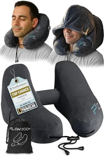 FLOWZOOM Air Inflatable Neck Pillow for Traveling on Plane - H-Shape Hooded Airplane Pillow with 5 Snooze…