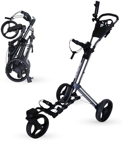 Qwik-Fold 3-Wheel Golf Push Cart with 360° Swivel Front Wheel & Foot Brake – 1-Second Folding Golf Trolley…