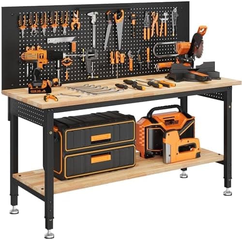 CAMMOO 60" Work Bench Adjustable Height with Storage Shelf, Max Load 2000 LBS Heavy Duty Rubberwood Tabletop with Pegboard, LED…