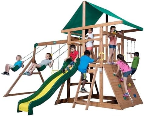 Backyard Discovery Mount Mckinley Cedar Wood Swing Set with Wave Slide, Play Deck, Double Rock Wall, Rope…