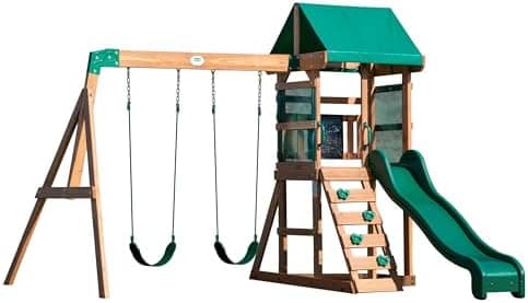 Backyard Discovery Buckley Hill Cedar Wood Swing Set with Wave Slide, Play Deck, Rock Wall Ladder, Belt…
