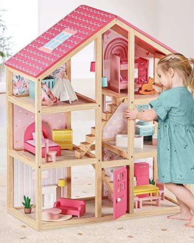 Tiny Land Wooden Dollhouse for Girls - 6 Rooms Wooden Doll House, DIY Pretend Doll House with 31Pcs Furniture…