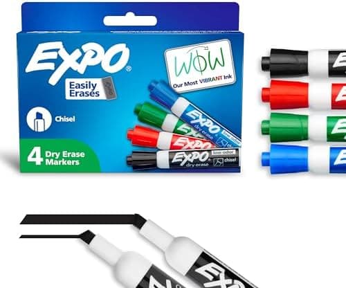 EXPO Dry Erase Markers, Low Odor Ink, Assorted Colors, Chisel Tip, 4 Count - Whiteboard, Calendar…