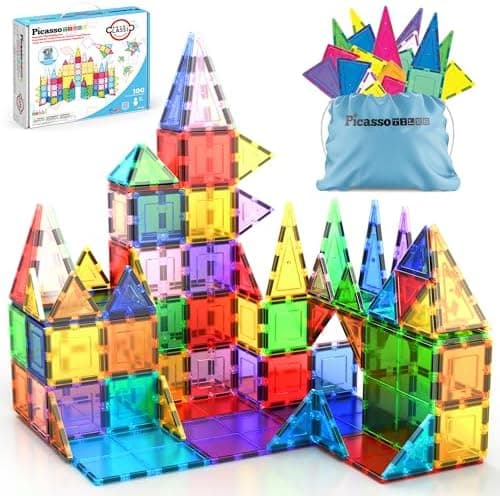 PicassoTiles 100 Piece Set 100pcs Magnet Building Tiles Clear Magnetic 3D Blocks Construction Playboards…