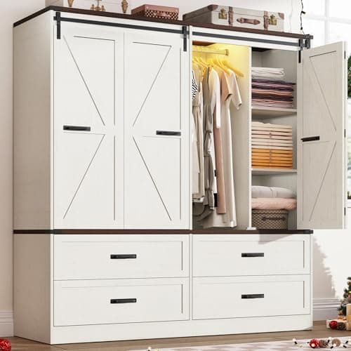 Farmhouse 4 Doors Armoire Wardrobe Closet w/Folding Sliding Barn Door and Lights, LED Armoire Closet…