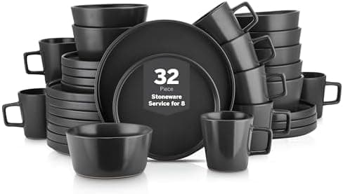 Stone Lain Celina Stoneware 32 Piece Modern Dinnerware Set, Plates and Bowls, Black Matte, Service for 8…
