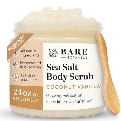 Bare Botanics Coconut Vanilla Body Scrub 24oz | Made in Madison, WI | All Natural Sea Salt Exfoliator w/ Skin…