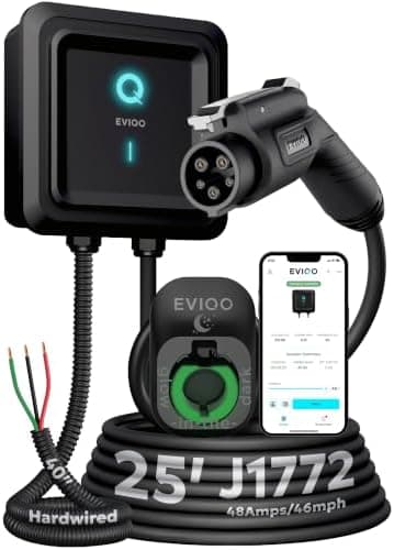 EVIQO Level 2 EV Charger, 48 Amp 240V, J1772 Charger for Non-Tesla EVs, 25ft Cable, WiFi (2.4GHz) Smart App…