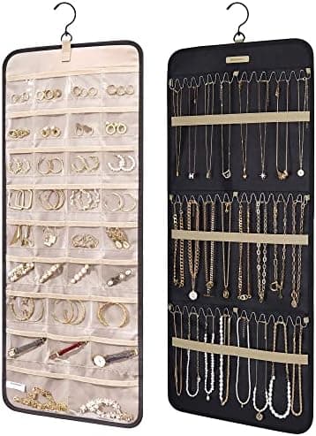 BAGSMART BAGSMART Hanging Jewelry Organizer Storage Roll with Hanger Metal Hooks Double-Sided Jewelry Holder…