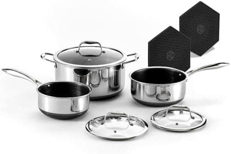 HexClad Hybrid Nonstick 6-Piece Pot Set with 2 Silicone Trivets, 2, 3, and 8-Quart Pots with Tempered Glass…
