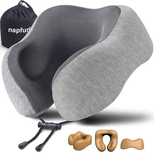 napfun Neck Pillow for Traveling, Upgraded Travel Neck Pillow for Airplane 100% Pure Memory Foam Travel…