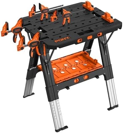 Pony Portable Folding Work Table, 2-in-1 as Sawhorse & Workbench, 31” W×25” D×25”-35”H, Large Load Capacity with 4pcs Clamps…