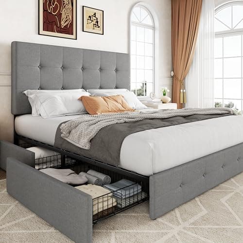 Allewie Upholstered Queen Size Platform Bed Frame with 4 Storage Drawers and Headboard, Square Stitched Button Tufted, Mattress…