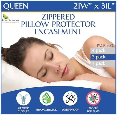 Queen Size Waterproof Pillow Protectors (Set of 2) – Zippered Hypoallergenic Pillowcase Cover Allergen Dust…