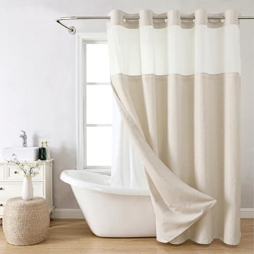 Eachope No Hooks Polyester Textured Shower Curtain with Snap-in Fabric Liner Set, Hotel Luxury Decor Shower…