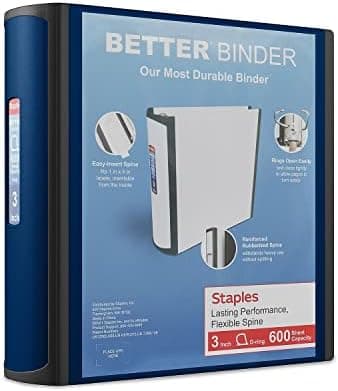 Staples Better Binder, 3" D‑Ring 3‑Ring Binder, Blue, Reinforced Rubber Spine, Heavy‑Duty Design, Holds up to…