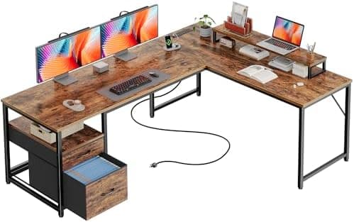 PRAISUN 63 Inch L Shaped Desk with Power Outlets and USB-C Port, Computer Corner Home Office Desk with File…