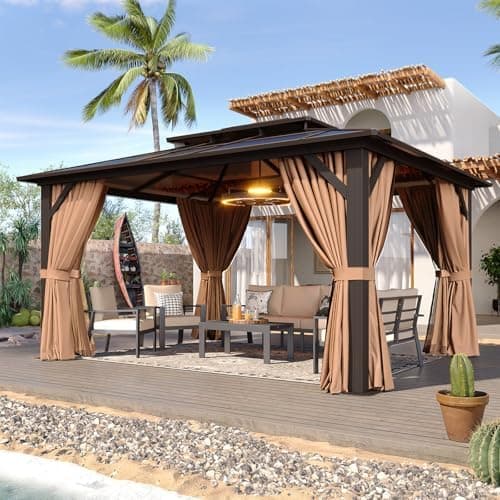 Aoxun 12'x10' Hardtop Gazebo, Aluminum Frame Permanent Pavilion with Curtains and Netting, Outdoor…