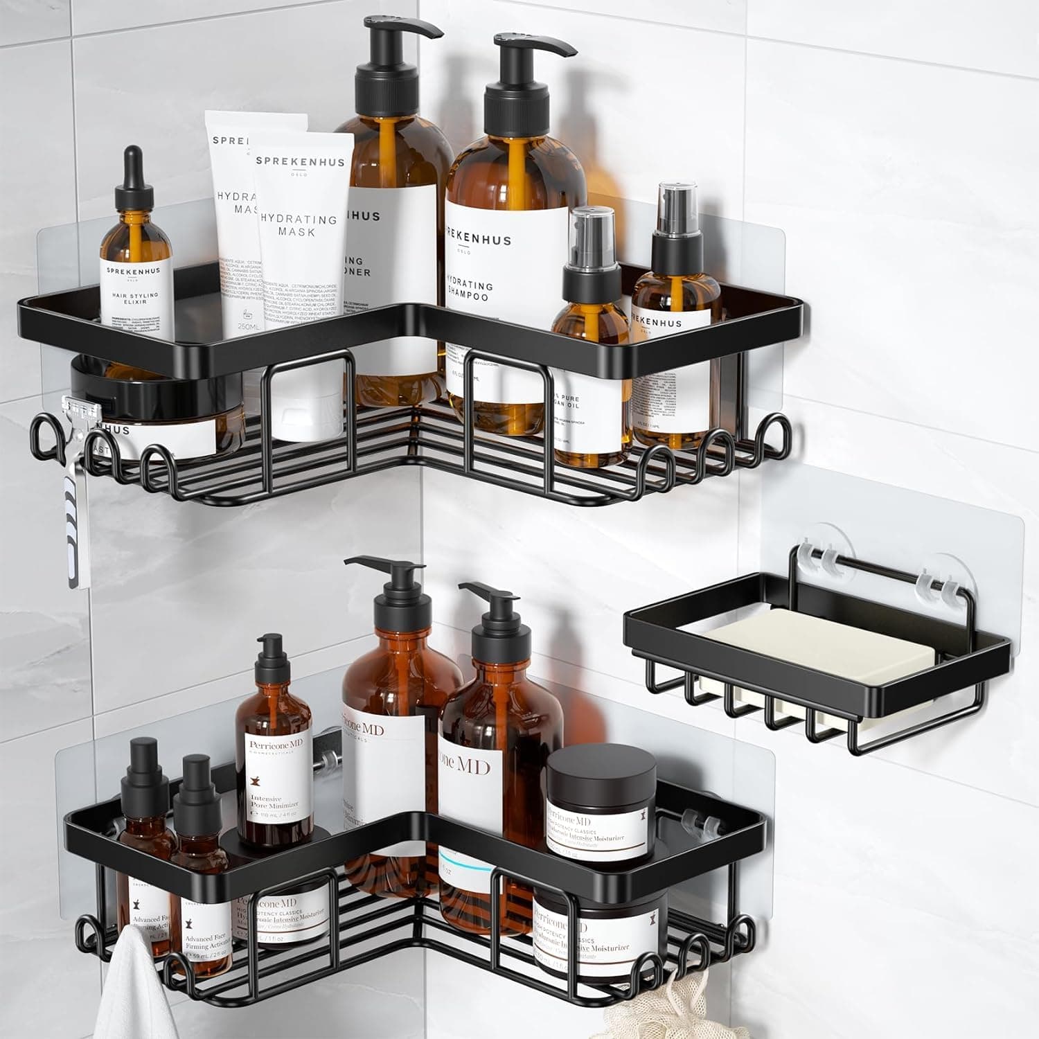 YASONIC Corner Adhesive Shower Caddy, with Soap Holder and 12 Hooks, Rustproof Stainless Steel Bathroom…