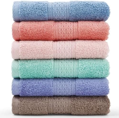 Cleanbear Face-Cloth Washcloths Set,100% Cotton, High Absorbent, 6-Pack 6 Colors, Size13 x13-deep Color