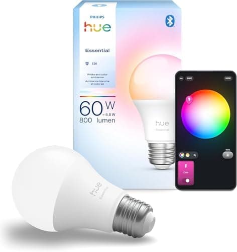Philips Hue Essential Smart LED A19 Bulb, White and Color Ambiance, E26 Base, 8.8W, 2200K-6500K, 800 Lumens…
