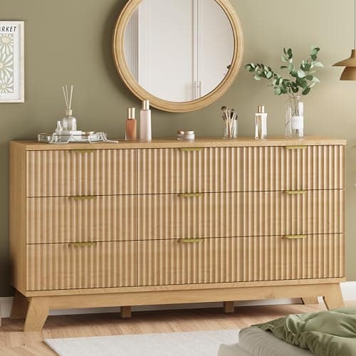 Fluted Dresser for Bedroom with 9 Drawers, 57" Wide Modern Chest of Drawers with Metal Handle, Wooden Dresser…