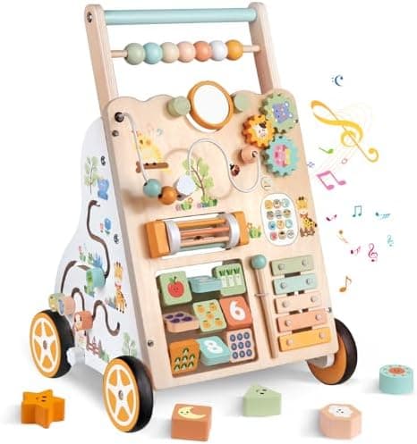 Wooden Baby Walker with Wheels, Push Walker with Baby Activity Center, Montessori Walking Toy for Girls Boys…